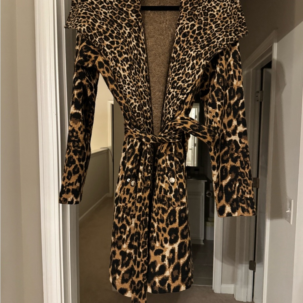 White House Black Market Leopard Print Trench Coat - Brown & Black - Picture 2 of 6